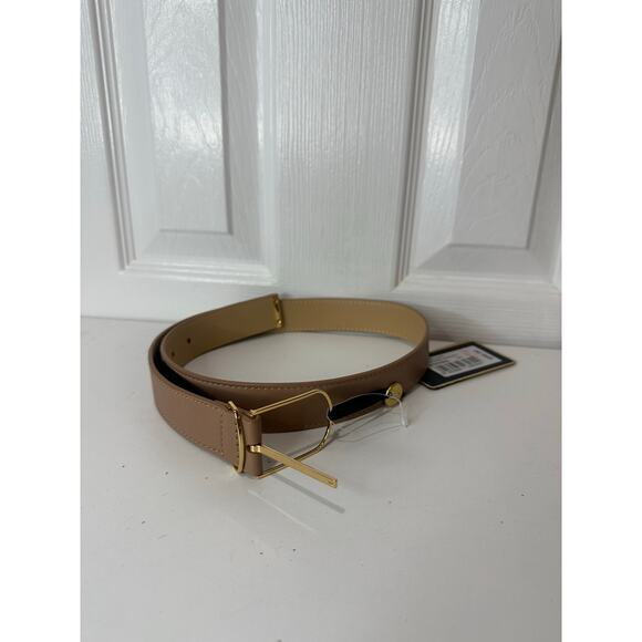 Ted Baker London NWT Leather Belt Brown Beige Gold Accent Sz 0/1 MSRP $98 - Picture 2 of 9